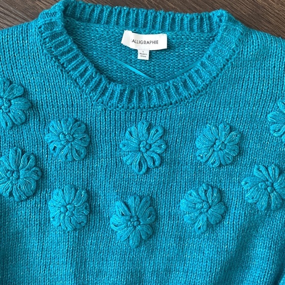 Calligraphie teal knit sweater with daisies sz L - Picture 2 of 5